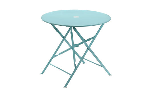 30" Aqua Rounded Aluminum Folding Outdoor Bistro Table with Umbrella Hole HomeRoots
