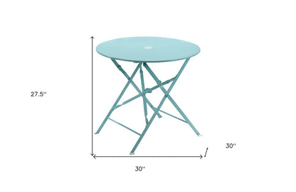 30" Aqua Rounded Aluminum Folding Outdoor Bistro Table with Umbrella Hole HomeRoots