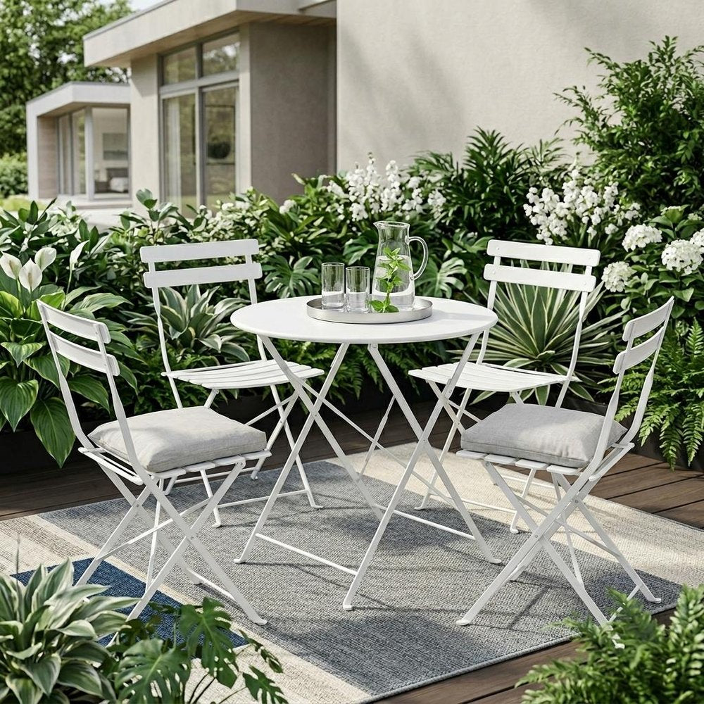 30" White Aluminum Round Folding Outdoor Bistro Table with Umbrella Hole HomeRoots