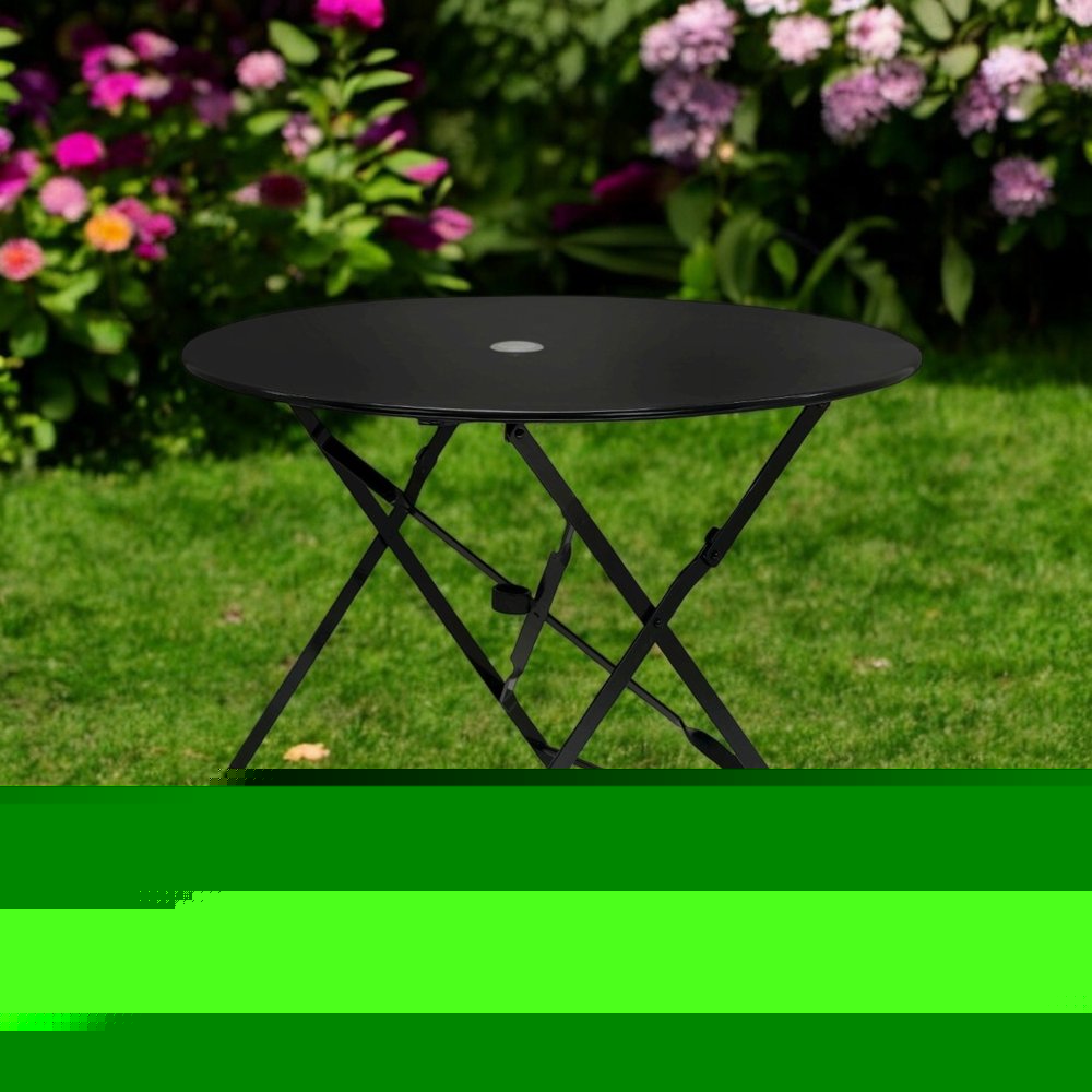 36" Black Rounded Aluminum Folding Outdoor Dining Table with Umbrella Hole HomeRoots