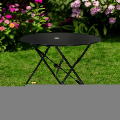 36" Black Rounded Aluminum Folding Outdoor Dining Table with Umbrella Hole HomeRoots