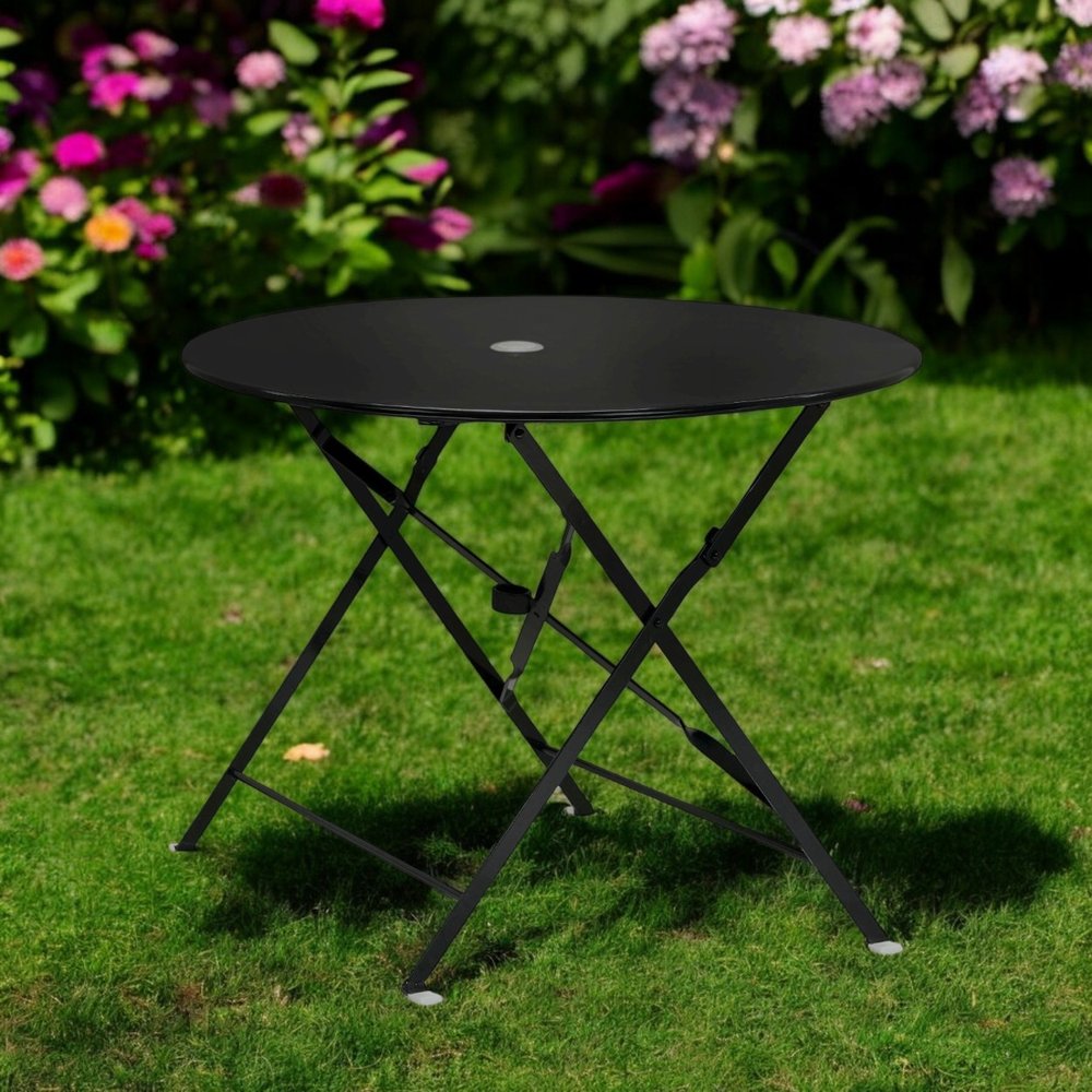 36" Black Rounded Aluminum Folding Outdoor Dining Table with Umbrella Hole HomeRoots