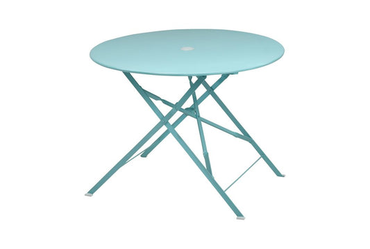 36" Aqua Rounded Aluminum Folding Outdoor Dining Table with Umbrella Hole HomeRoots