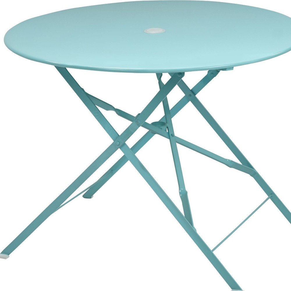 36" Aqua Rounded Aluminum Folding Outdoor Dining Table with Umbrella Hole HomeRoots