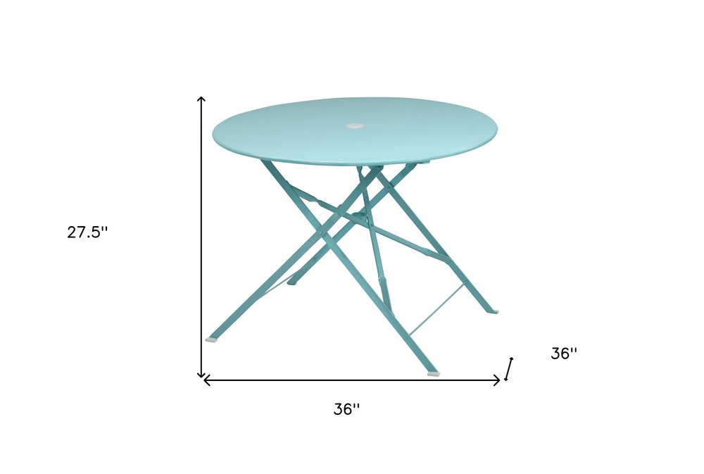 36" Aqua Rounded Aluminum Folding Outdoor Dining Table with Umbrella Hole HomeRoots