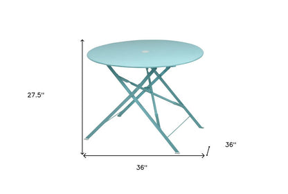 36" Aqua Rounded Aluminum Folding Outdoor Dining Table with Umbrella Hole HomeRoots