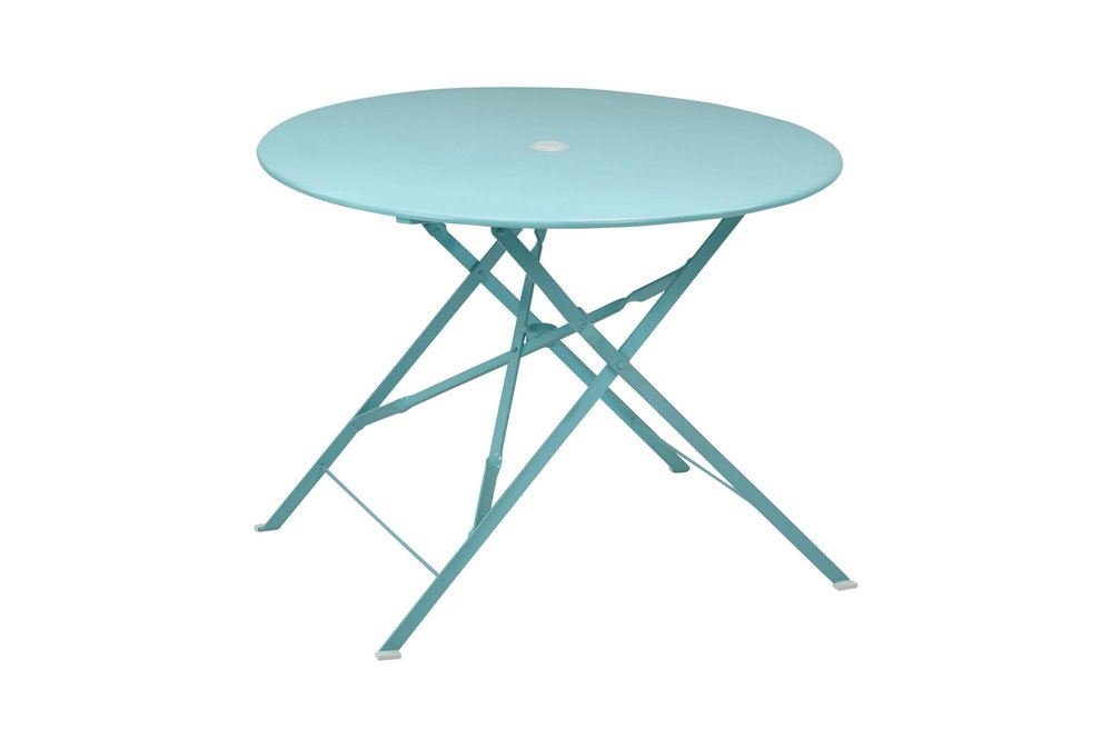 36" Aqua Rounded Aluminum Folding Outdoor Dining Table with Umbrella Hole HomeRoots