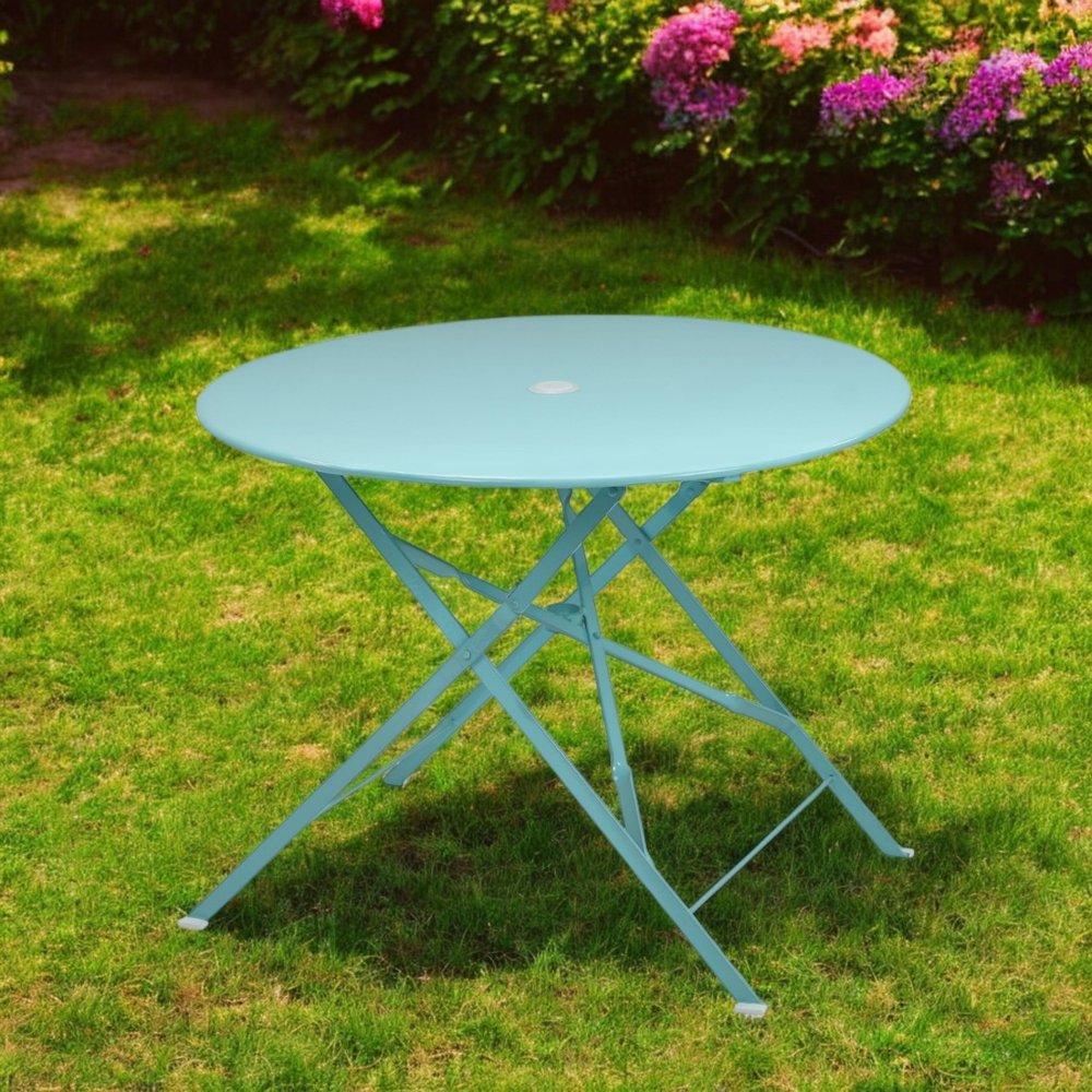 36" Aqua Rounded Aluminum Folding Outdoor Dining Table with Umbrella Hole HomeRoots