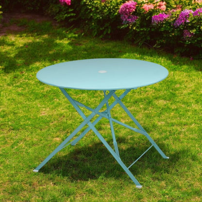 36" Aqua Rounded Aluminum Folding Outdoor Dining Table with Umbrella Hole HomeRoots