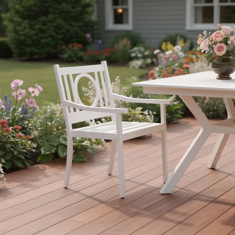 24" White Steel Geo Back Outdoor Arm Chair HomeRoots
