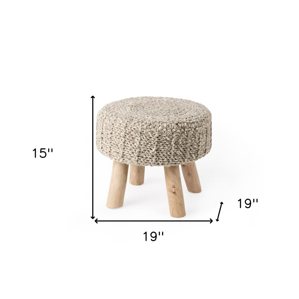 19" Taupe and Brown Wool Round Footstool HomeRoots