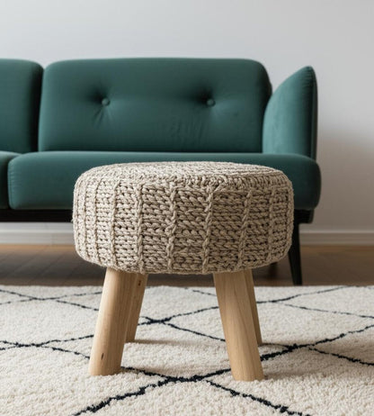 19" Taupe and Brown Wool Round Footstool HomeRoots