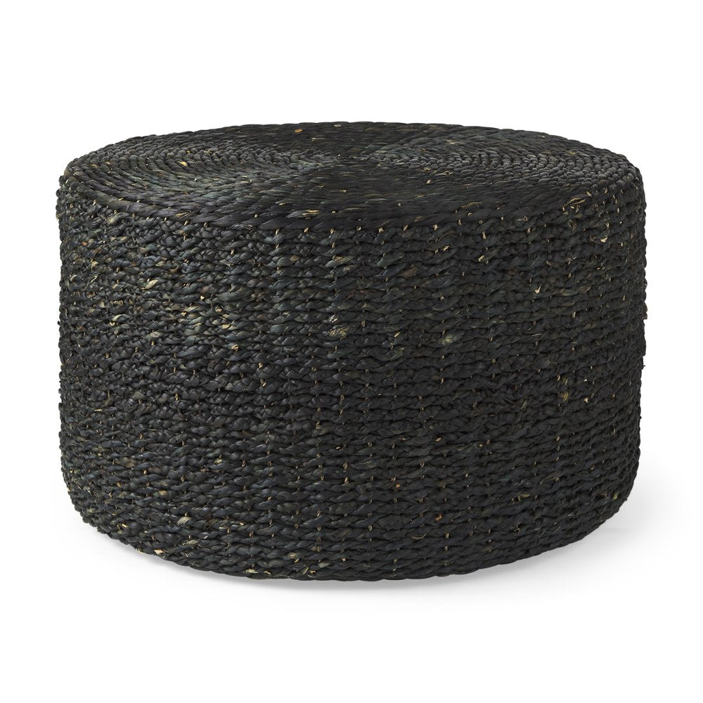 30" Black Water Hyacinth Round Pouf Ottoman HomeRoots