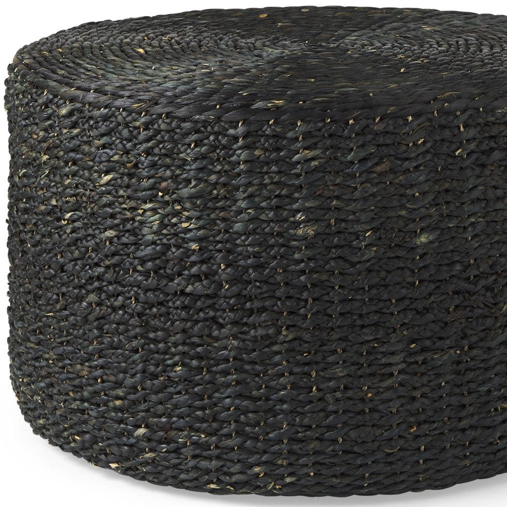 30" Black Water Hyacinth Round Pouf Ottoman HomeRoots