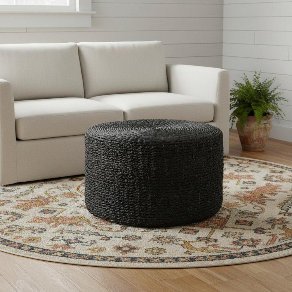 30" Black Water Hyacinth Round Pouf Ottoman HomeRoots
