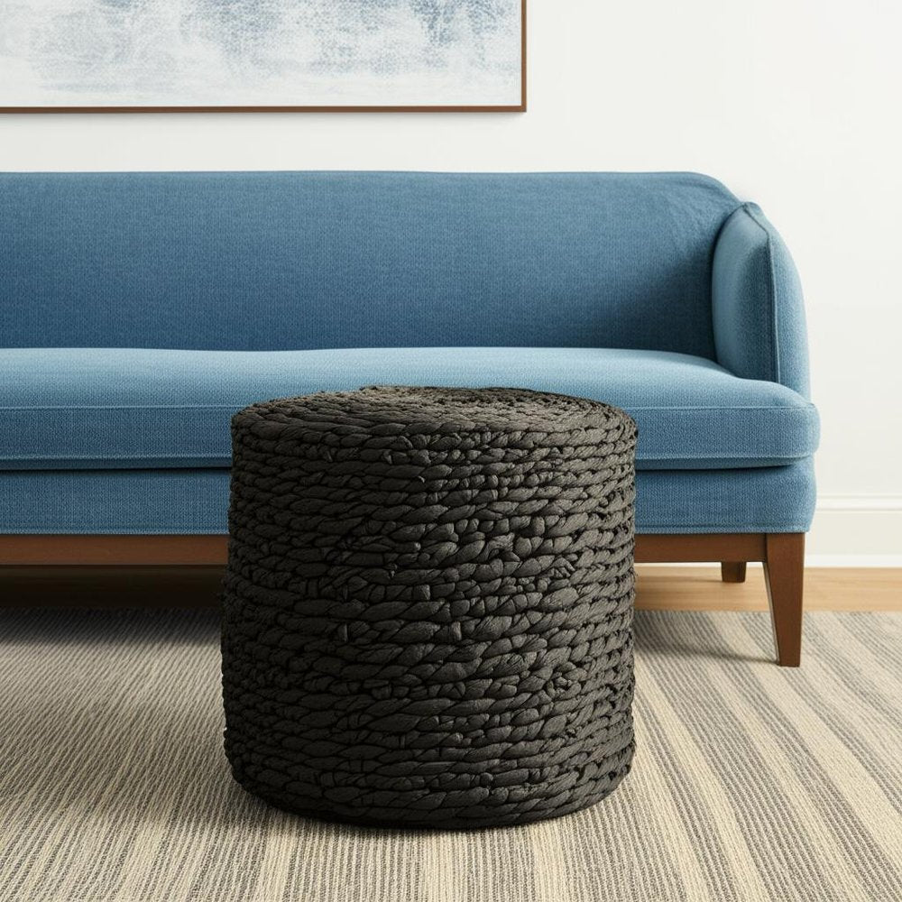 18" Black Water Hyacinth Round Pouf Ottoman HomeRoots