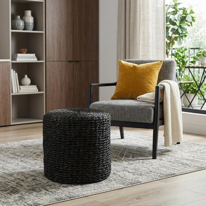 18" Black Jute Round Pouf Ottoman