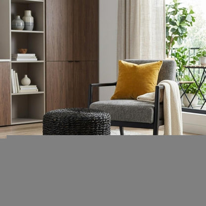 18" Black Water Hyacinth Round Pouf Ottoman HomeRoots