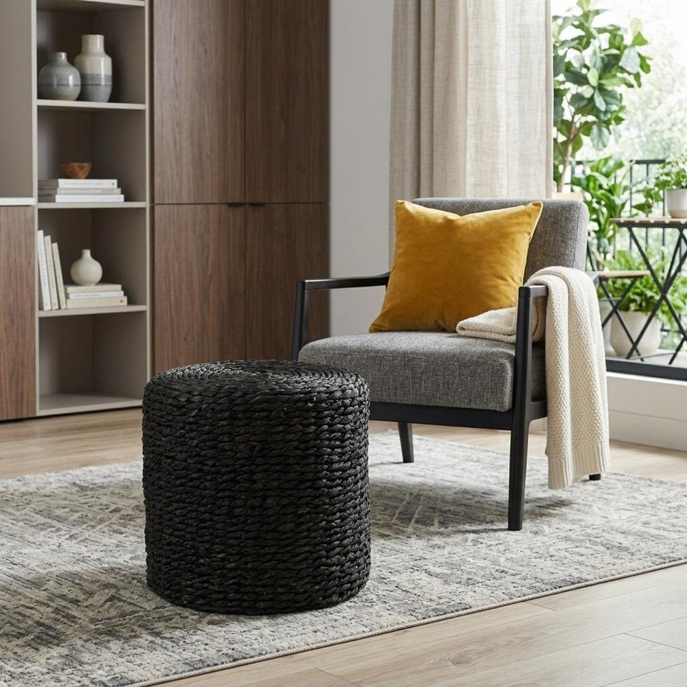 18" Black Water Hyacinth Round Pouf Ottoman HomeRoots