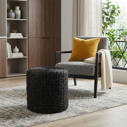 18" Black Water Hyacinth Round Pouf Ottoman HomeRoots