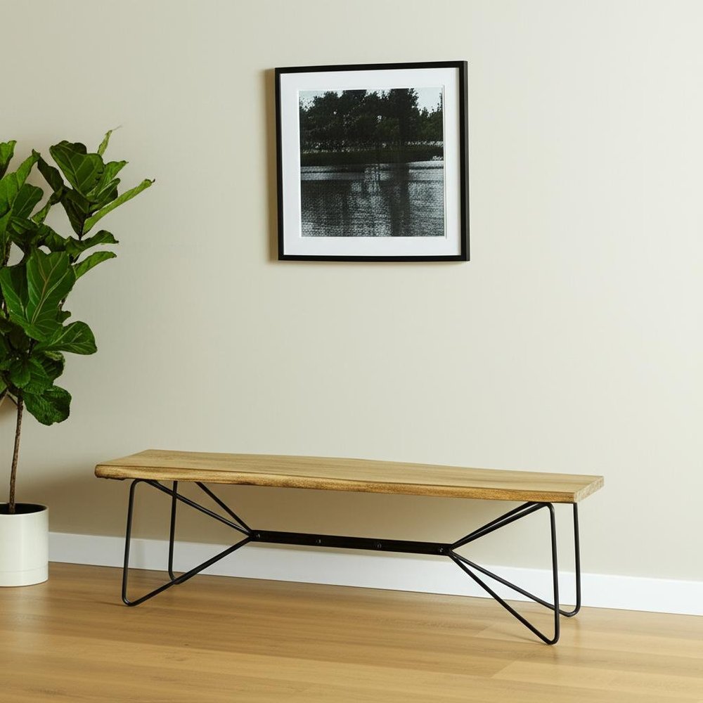 66" Natural and Black Solid Wood Live Edge Bench HomeRoots