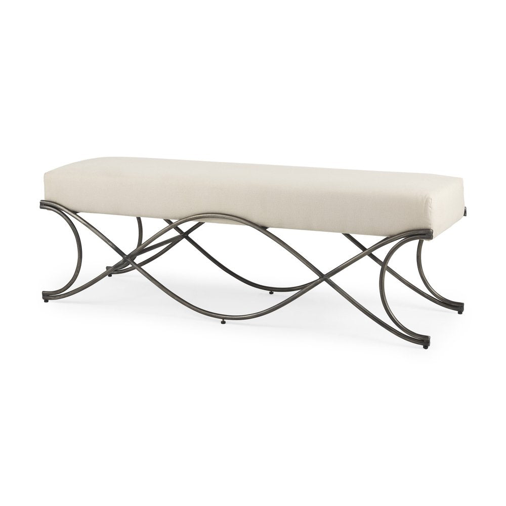 55" Cream and Nickel Fabric and Metal Upholstered Bench HomeRoots