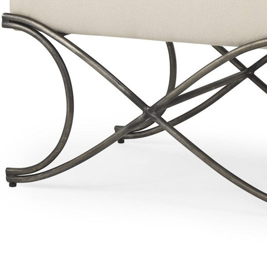 55" Cream and Nickel Fabric and Metal Upholstered Bench HomeRoots