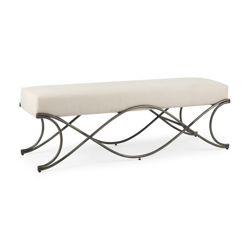 55" Cream and Nickel Fabric and Metal Upholstered Bench HomeRoots