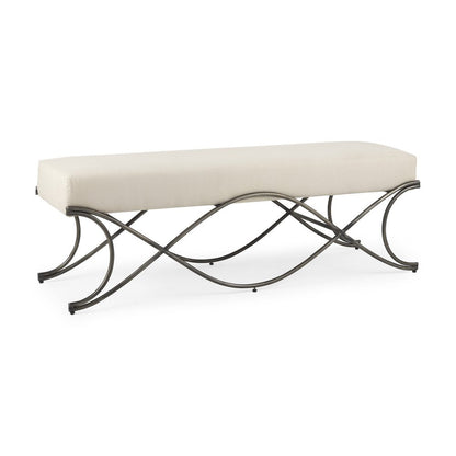 55" Cream and Nickel Fabric and Metal Upholstered Bench HomeRoots