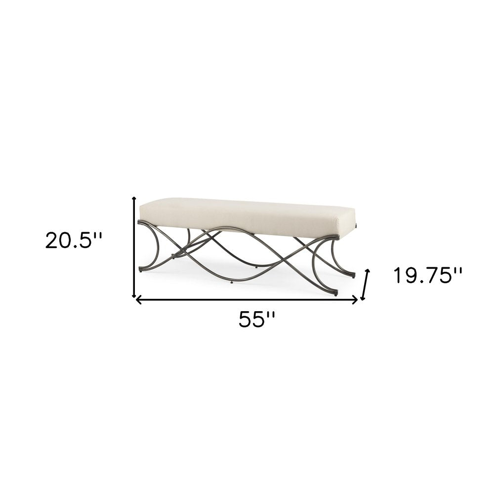 55" Cream and Nickel Fabric and Metal Upholstered Bench HomeRoots