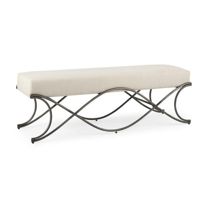 55" Cream and Nickel Fabric and Metal Upholstered Bench HomeRoots