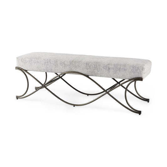 55" Dark Gray and Nickel Chenille and Metal Upholstered Bench HomeRoots