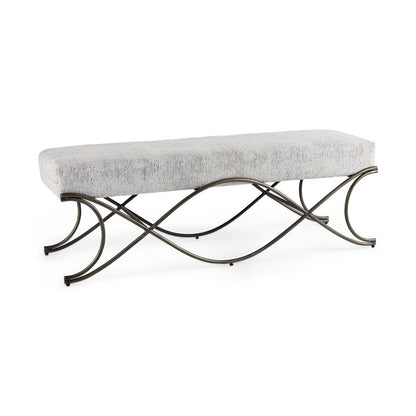 55" Dark Gray and Nickel Chenille and Metal Upholstered Bench HomeRoots