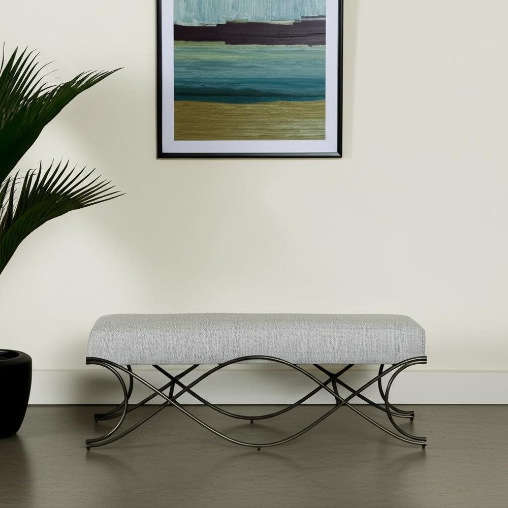 55" Dark Gray and Nickel Chenille and Metal Upholstered Bench HomeRoots