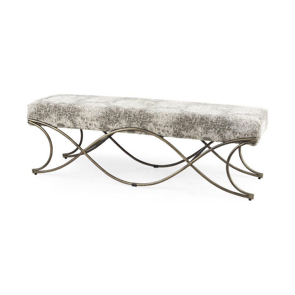 55" Gray and Gold Chenille and Metal Upholstered Bench HomeRoots