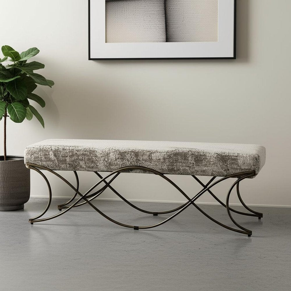 55" Gray and Gold Chenille and Metal Upholstered Bench HomeRoots