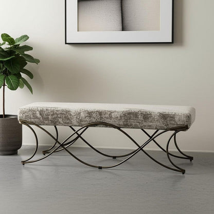 55" Gray and Gold Chenille and Metal Upholstered Bench HomeRoots