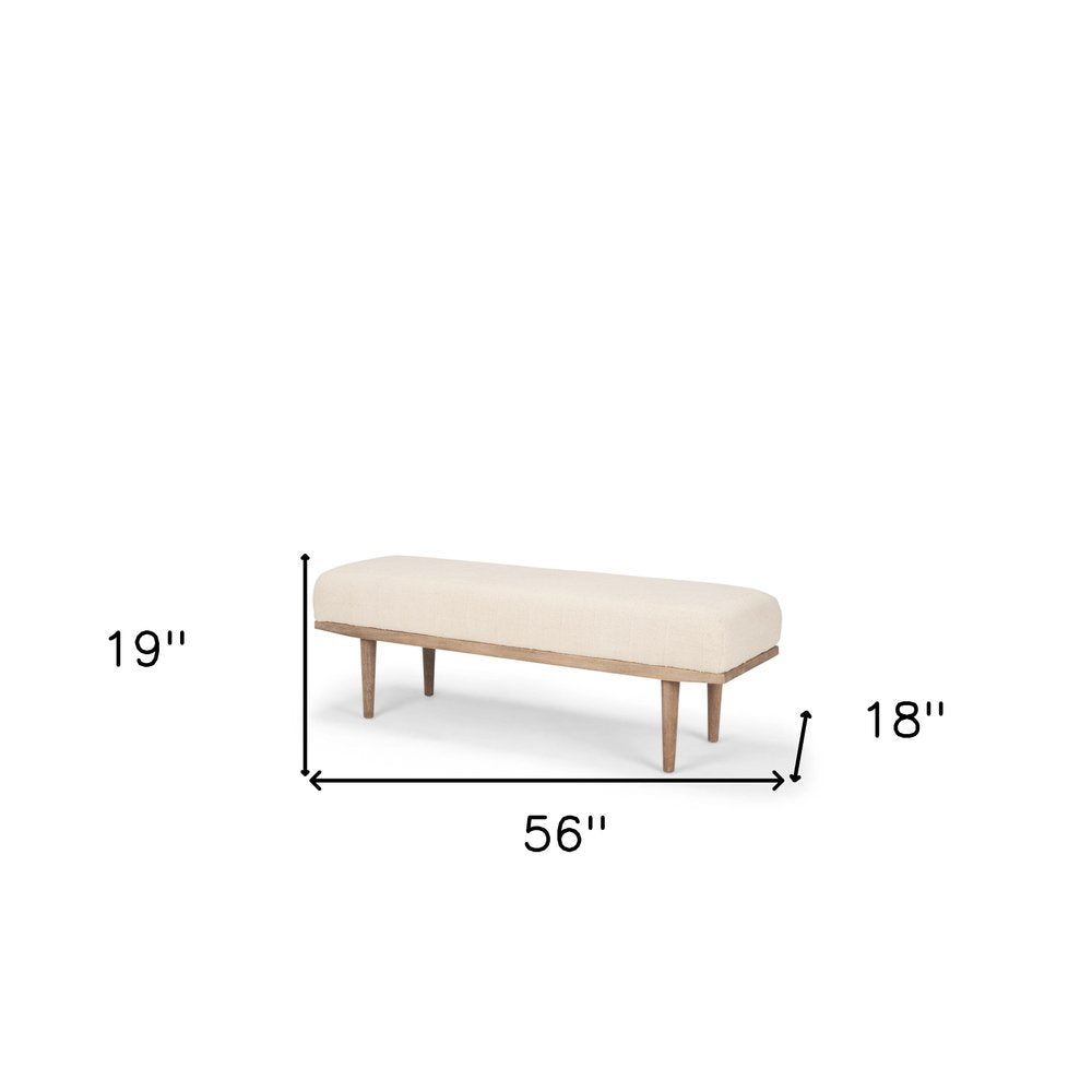 56" Beige and Brown Cotton and Solid Wood Upholstered Bench HomeRoots