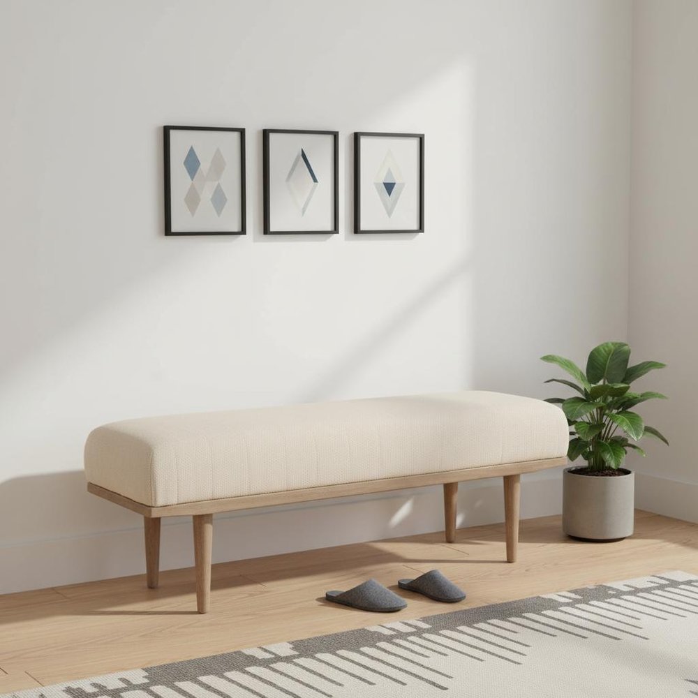 56" Beige and Brown Cotton and Solid Wood Upholstered Bench HomeRoots