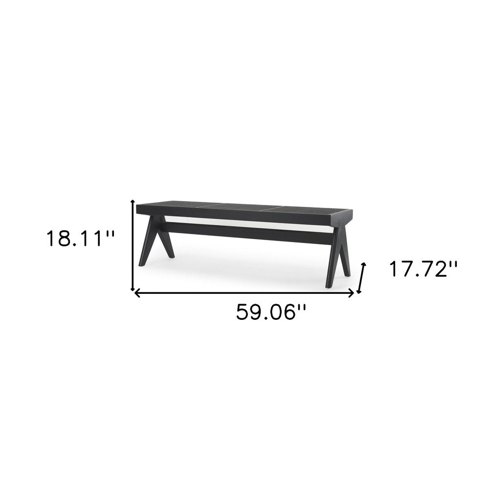59" Black Solid Wood and Cane Dining Bench HomeRoots