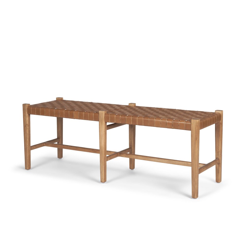 52" Brown Genuine Leather and Solid Wood Upholstered Bench — view 1