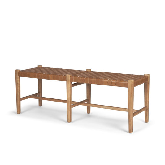 52" Brown Genuine Leather And Solid Wood Upholstered Bench