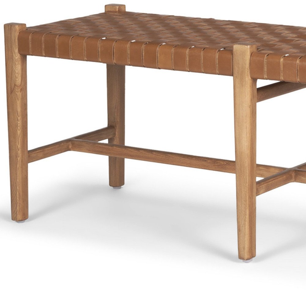 52" Brown Genuine Leather and Solid Wood Upholstered Bench HomeRoots