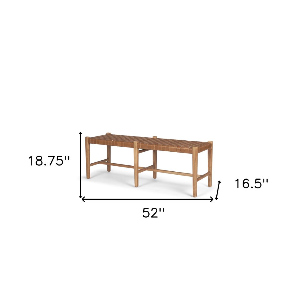 52" Brown Genuine Leather And Solid Wood Upholstered Bench — view 4