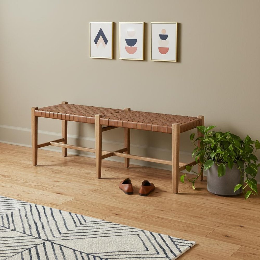 52" Brown Genuine Leather And Solid Wood Upholstered Bench — view 5