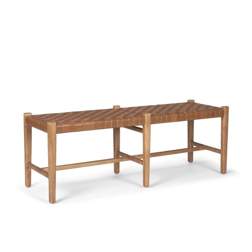 52" Brown Genuine Leather and Solid Wood Upholstered Bench HomeRoots