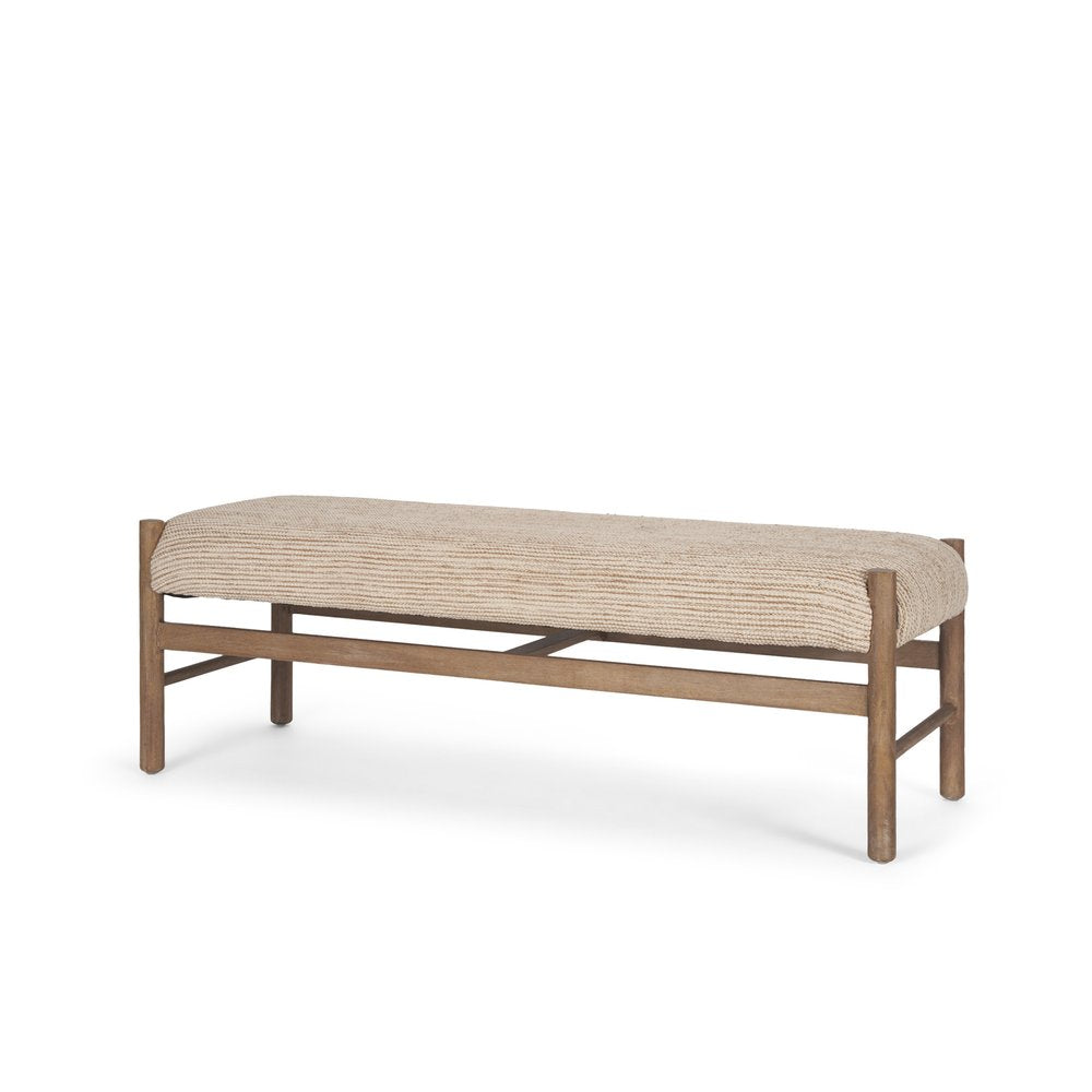 57" Beige and Brown Cotton and Solid Wood Upholstered Bench HomeRoots