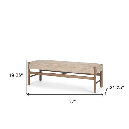 57" Beige and Brown Cotton and Solid Wood Upholstered Bench HomeRoots