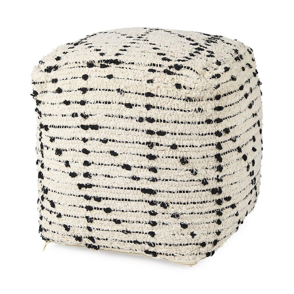 16" Cream And Black Cotton Geometric Cube Pouf Ottoman HomeRoots