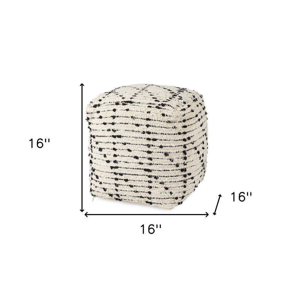 16" Cream And Black Cotton Geometric Cube Pouf Ottoman HomeRoots